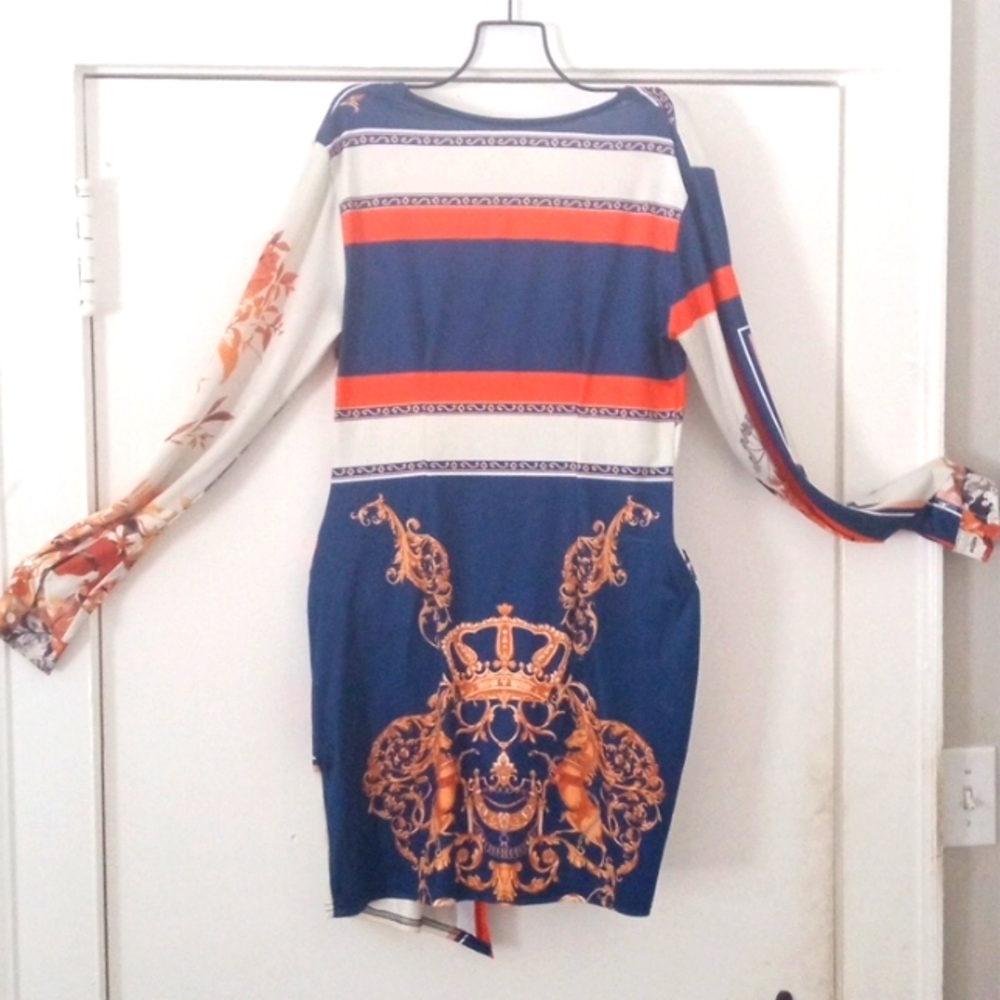Women's DRESS. FANSTASIA style size large. BOLD COLORS orange,blue and creme